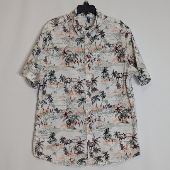 H&M DIVIDED Men's Peach/WhiteTropical Shirt; Surfing Skeletons; Size L - Picture 1 of 6
